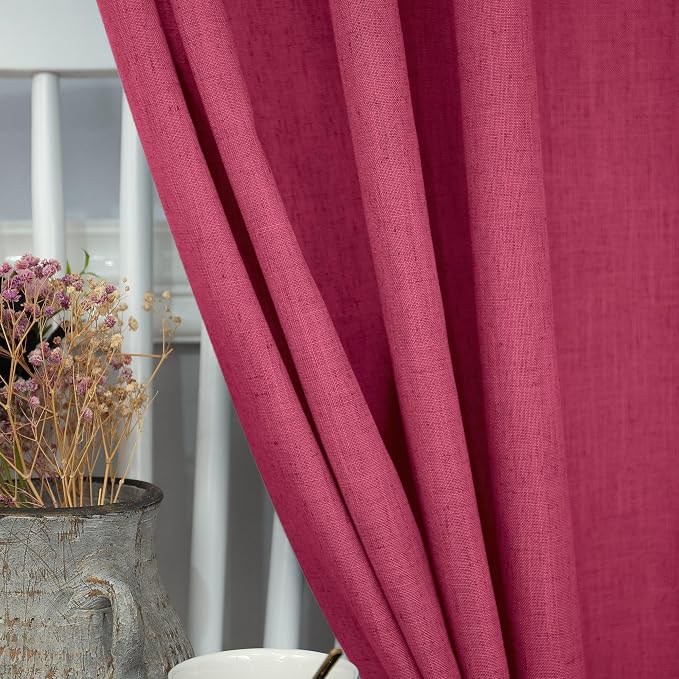 Pitalk Hot Pink Semi Sheer Curtains 96 Inch Long 2 Panel Set Rod Pocket Back Tab Linen Light Filtering Room Decor Magenta Curtain Drapes for Living Room 52x96 Celling to Floor Length Raspberry Fuchsia
