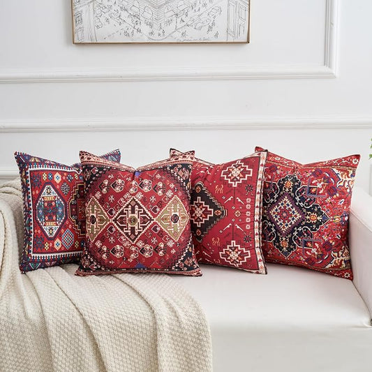 Set of 4 Boho Throw Pillow Covers 18x18 Inch Red Kilim Tribal Decorative Pillow Cases for Couch Bed Living Room Spring Summer Decor