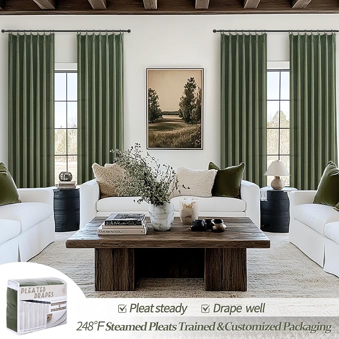 Olive Green Linen Curtains 96 Inches Long 2 Panels Set, Modern Aesthetic Pinch Pleated Dark Academia Living Room Light Filtering Sheer Ceiling Track Curtains with Hooks Decor Drapes for Bedroom Window