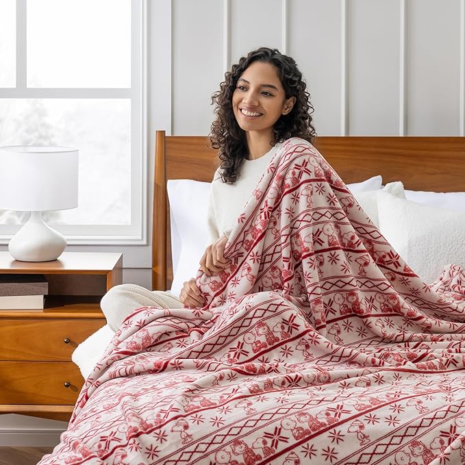 Berkshire Peanuts® VelvetLoft® Cute Character Snoopy Plush Blanket,Cozy Fairisle Crimson Neutral,Full/Queen 90 in x 90 in (Official Peanuts® Product)