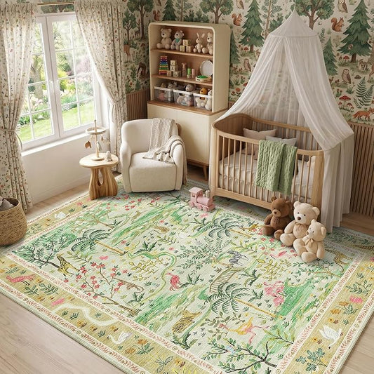 4x6 Whimsical Safari Nursery Area Rug Washable Non Slip Small Living Room Rugs Low Pile Animal Print Girs Bedroom Green Throw Carpet Forest Fairy Tale Area Rugs for Entry Kids Room, Sage Green