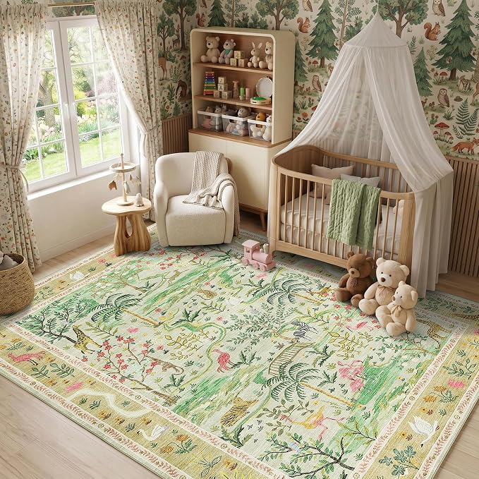 8x10 Washable Rug for Living Room Green Animal Print Large Bedroom Rugs Non Slip Forest Nursery Girls Room Throw Carpet Stain Resistant Whimsical Safari Area Rugs for Home Office, Sage Green