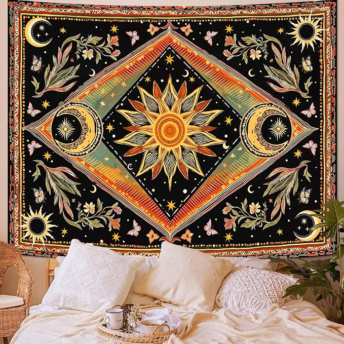 Accnicc Hippie Sun and Moon Tapestry Boho Mandala Floral Wall Tapestry for Bedroom Aesthetic Vintage Plant Celestial Colorful Small Tapestries Wall Hanging for Dorm Living Room Decor 48 x 36 Inch