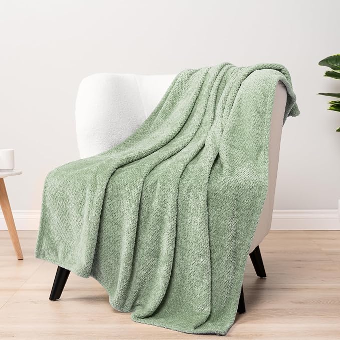 PAVILIA Soft Fleece Light Green Throw Blanket for Couch, Lightweight Plush Warm Blankets for Bed, Fuzzy Cozy Flannel Blanket Throw for Sofa, Travel, Jacquard Pattern, Sage Green, Twin, 60x80 inch