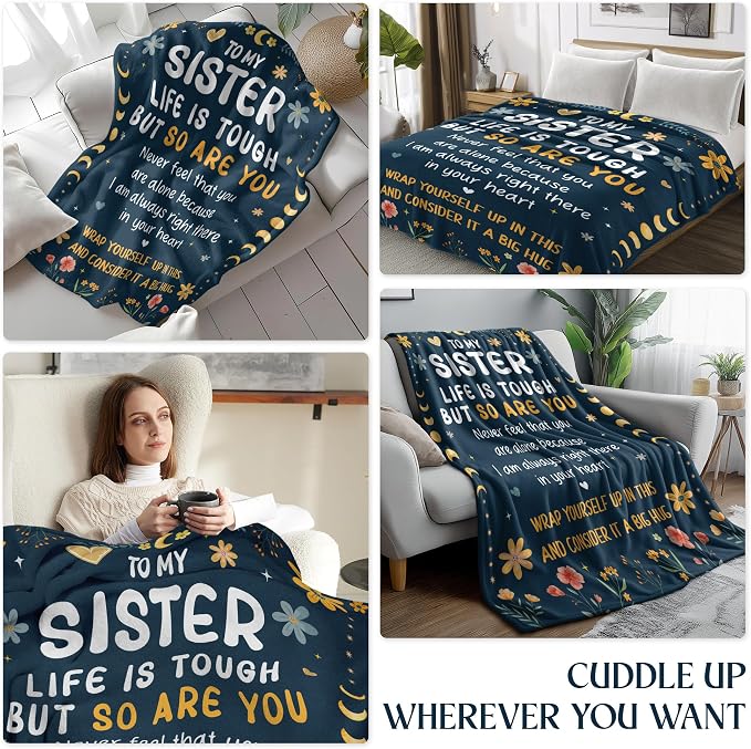 WRAPIX Sister Gifts for Women - Life is Tough But So are You Super Soft Fleece Throw Blanket for Couch Bed 50x60 in - Mothers Day Graduation Birthday Gifts for Sister Women