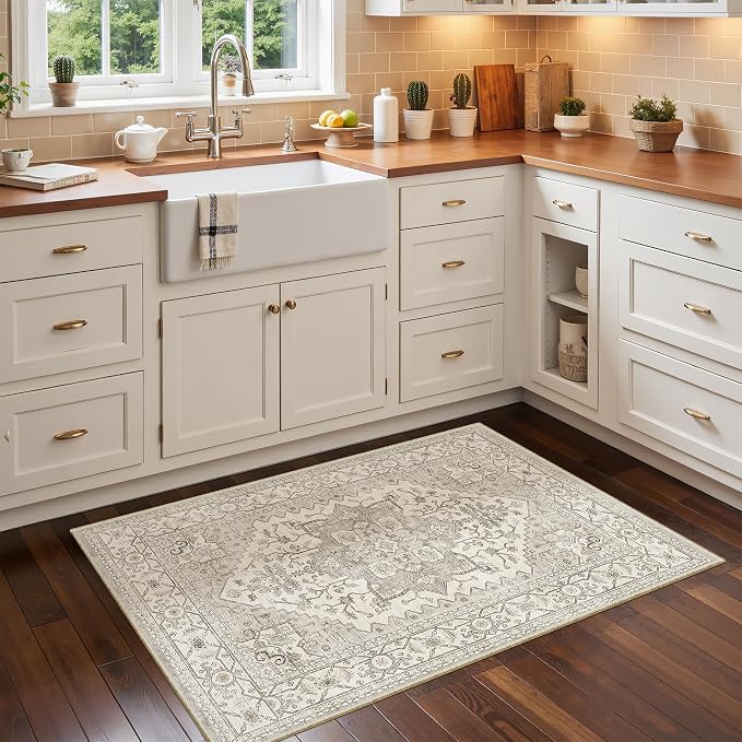 Madane Washable Area Rug 2x3 Small Entryway Rugs Non-Slip, Beige/Brown | Vintage Stain-Resistant Door Mat Indoor Entrance, Low Pile Floor Carpet for Inside Front Bedroom Kitchen Entry Laundry, Stair