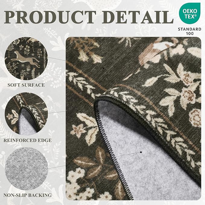 DUKINO 2x8 Washable Runner Rug, Non Slip Animal Kitchen Rug, Charcoal Black | Soft, Low Pile, Non-Shedding Indoor Carpet Runner for Hallway, Entryway, Bedroom, Bathroom, Pet Friendly, Stain Resistant