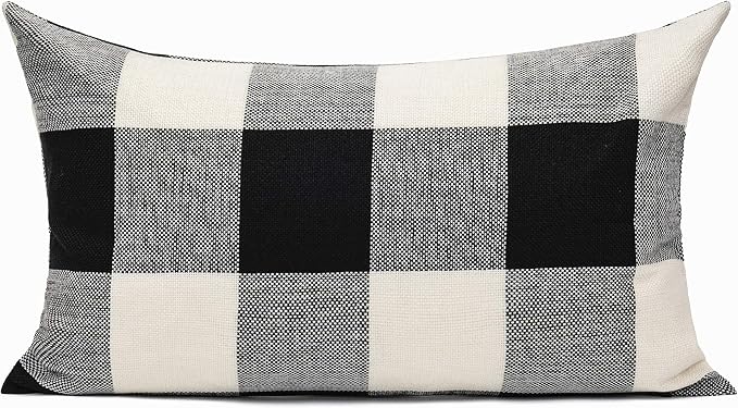 VAKADO 12x20 Set of 2 Black White Outdoor Throw Pillow Covers Buffalo Check Plaids Lumbar Farmhouse Retro Checkers Cotton Linen Cushion Cover Home Decor for Sofa Couch