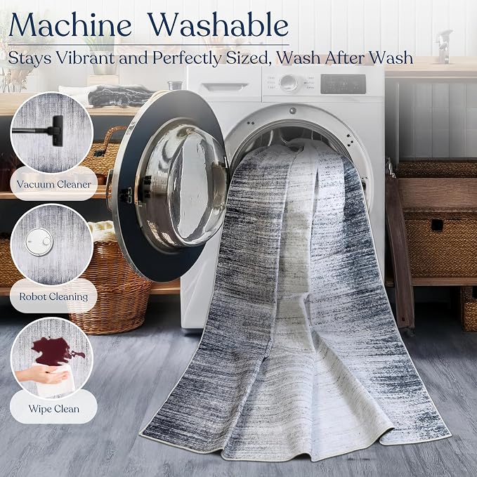 Machine Washable Area Rug, Soft & Durable, Non-Slip, Stain Resistant Rug for Bedroom, Living Room, Dining Room, High Traffic Areas. (Grey/Soft White, 2.5' X 7')