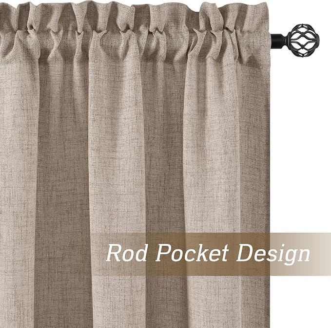 RYB HOME Linen Semi Sheer Curtains 72 inches Long for Living Room | Light Filtering, Half Privacy, Oatmeal, W52 x L72, 2 Panels