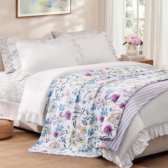 Floral Reversible Throw Blanket for Couch-Coco Flannel Soft Bed Blankets | Luxuriously Warm Fluffy Decor for Women, Mom, Her & Girls, Plush Throw for Sofa, Chair, 50x60in, Purple Dandelion