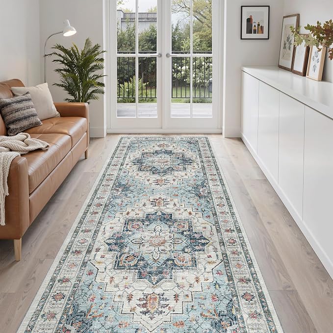Madane Hallway Runner 3x8, Kitchen Rugs Washable Entry Rug, Blue | Vintage Non Slip Entryway Indoor Area Rugs, Soft Low-Pile Farmhouse Wide Carpet Runners for Bathroom Living Room Bedroom
