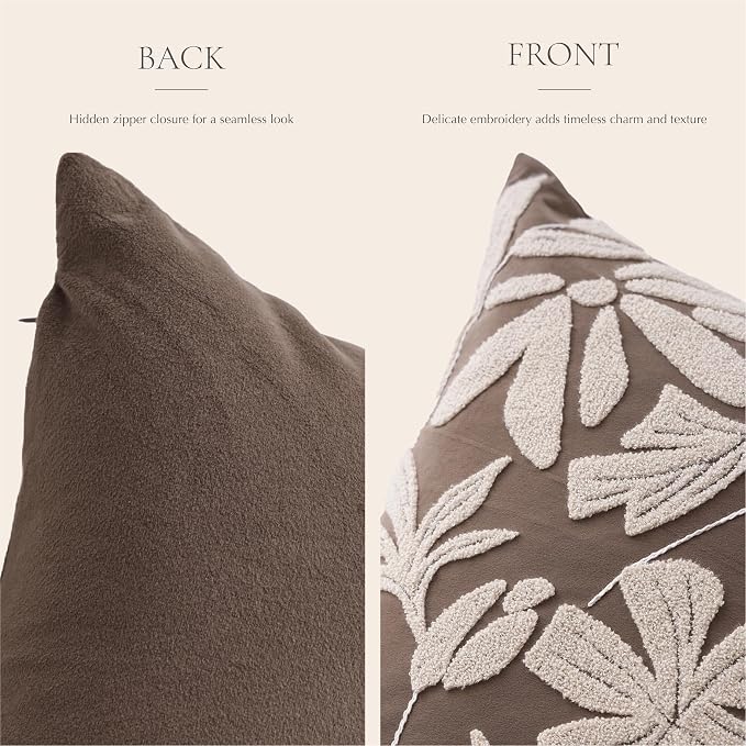 BlissBlush Long Lumbar Pillow Cover 14x36 for Bed, Taupe Brown Floral Tufted Velvet Accent Oversize Throw Pillowcase for Bedroom, Cover Only