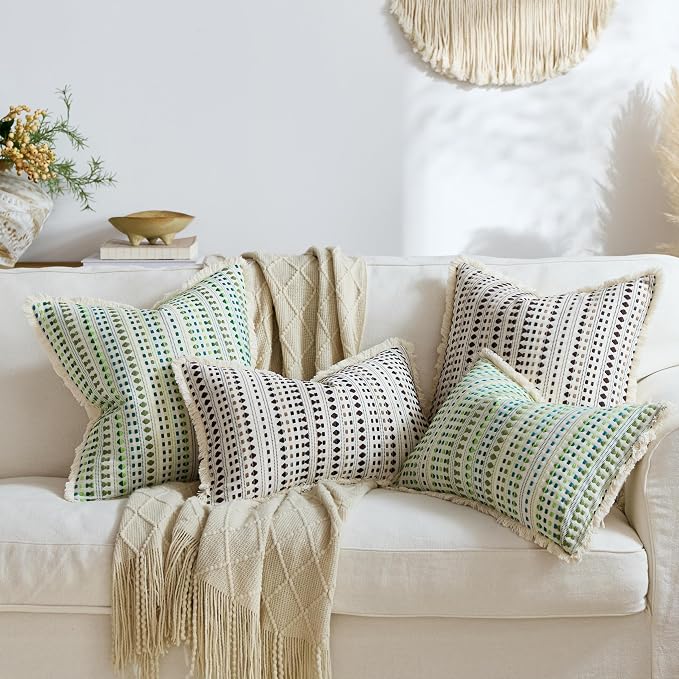 Embroidered Throw Pillow Cover Set of 2, Spring Summer Boho Farmhouse Decorative Pillow Case with Tassels, Textured Cushion Cases for Sofa Living Room Home Decor (Dark Brown, 12" x 20")