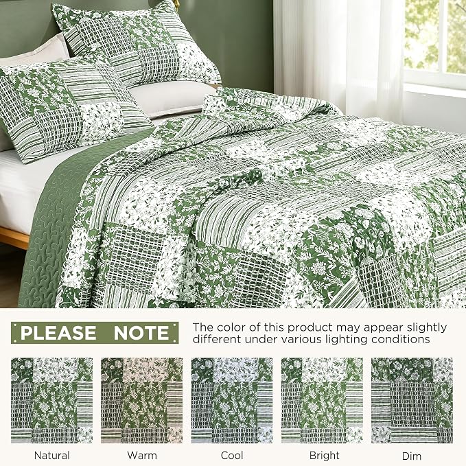 Litanika Floral Sage Quilt Queen - 3Pcs Botanical Birds Bedding Set | Patchwork Bedspread Summer Lightweight Soft Coverlet for All Seasons (96"x90")