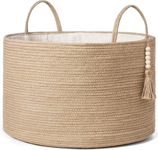 Mkono Woven Storage Basket for Blanket, Toys Plant Organizer, 22"W x 13.8"L | Brown, Jute, Decorative Basket with Handle, Wood Beads Tassel, Shoes Towel Clothes Storage Bin, Living Room Bedroom Nursery