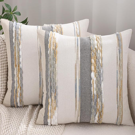 Boho Tufted Throw Pillow Covers 18x18 Set of 2 Yellow Gray
