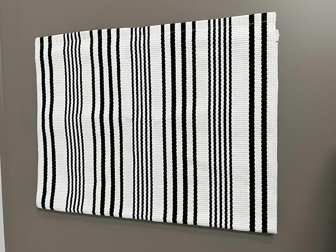 BUAGETUP Black and White Layered Doormat,27.5x43.3inch Striped Outdoor Rug Hand Woven Cotton Indoor Outdoor Rug for Porch Layered