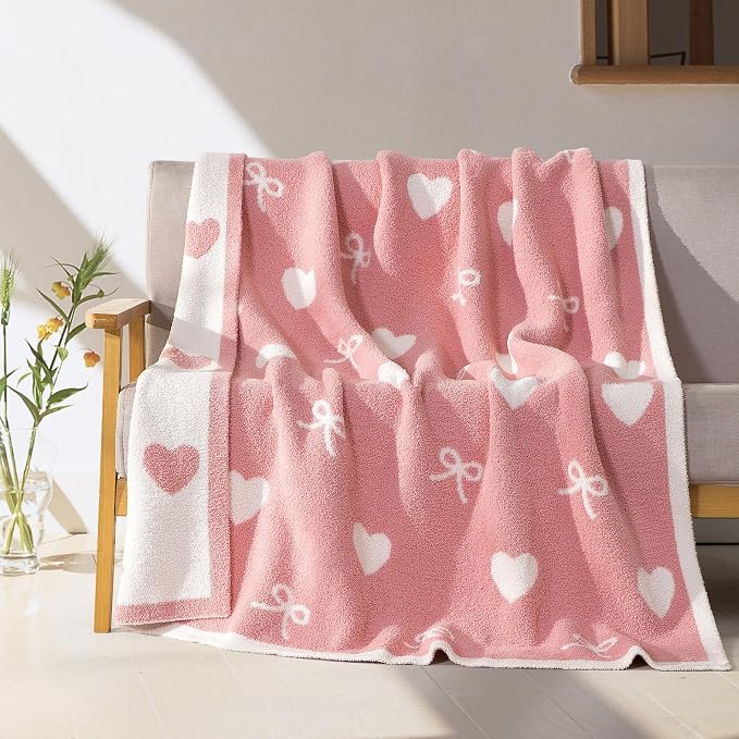 Elegant Comfort Premium Valentine's Day Throw Blanket - Ultra Soft and Lightweight, Luxury Knitted Breathable Love Pink Hearts Warm and Cozy Valentine Decor Blankets, 50 x 70 Inch, Hearts and Bows