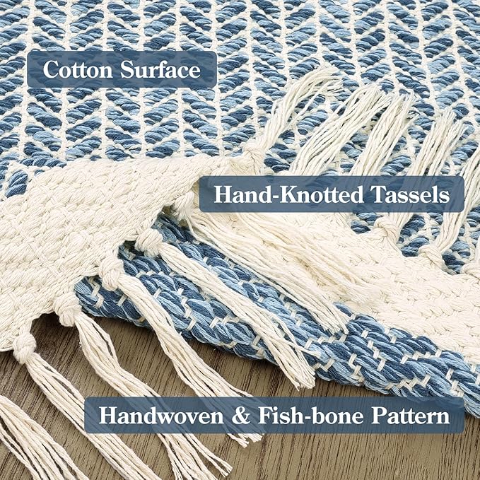 Lahome Boho Bathroom Runner Rug, 2'6''x8 Washable Rugs for Kitchen Hallway | Woven Cotton Throw Mat with Tassels, Farmhouse Blue Non Shedding Lightweight Carpet for Laundry Room Bath Rv Entryway Decor