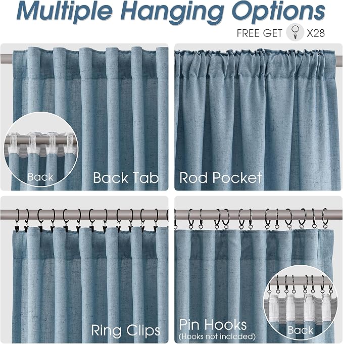 Extra Long Linen Curtains 102 Inches for Living Room Back Tab Semi Sheer Floor to Ceiling Light Filtering Curtain Boho Farmhouse Decor Window Drapes for Bedroom 2 Panels Blue