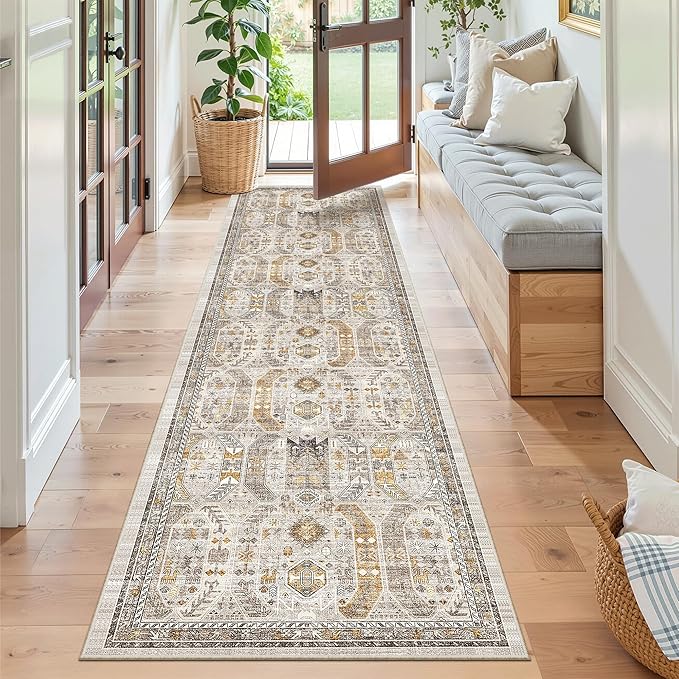 Madane Hallway Runner Rug 2x8 Washable Kitchen Rugs Non-Slip, Brown/Gold | Vintage Machine Washable Low-Pile Floor Carpet 8ft, Soft Ultra-Thin Throw Entry Foyer Mat for Entrance Laundry Living Room