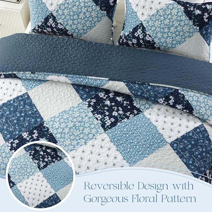 Exclusivo Mezcla Reversible Boho Quilt King Size Blue | Lightweight Soft Bedspreads, All Season Patchwork Coverlet Bedding Set, Printed Floral Pattern, 1 Quilt and 2 Pillow Shams