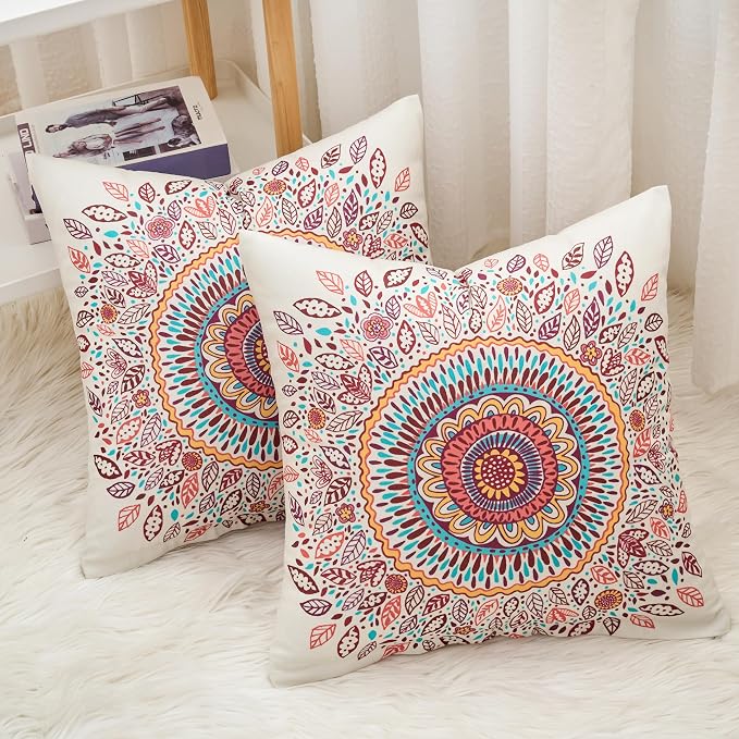 Boho Throw Pillow Covers 18X18 Inch Set of 2 Bohemian Soft Velvet Couch Pillow Cases Farmhouse Decorative Pillow Covers for Sofa Living Room Bedroom Outdoor Patio Porch Mandala Bloom