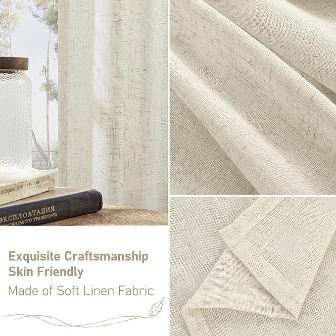 Natural Linen Semi Sheer Curtains 78 Inch for Bedroom Living Room | Light Filtering, Neutral Window Curtains, Farmhouse Boho, Natural Cream Ivory, Rod Pocket Back Tab,2 Panels, 52 x 78 Inch