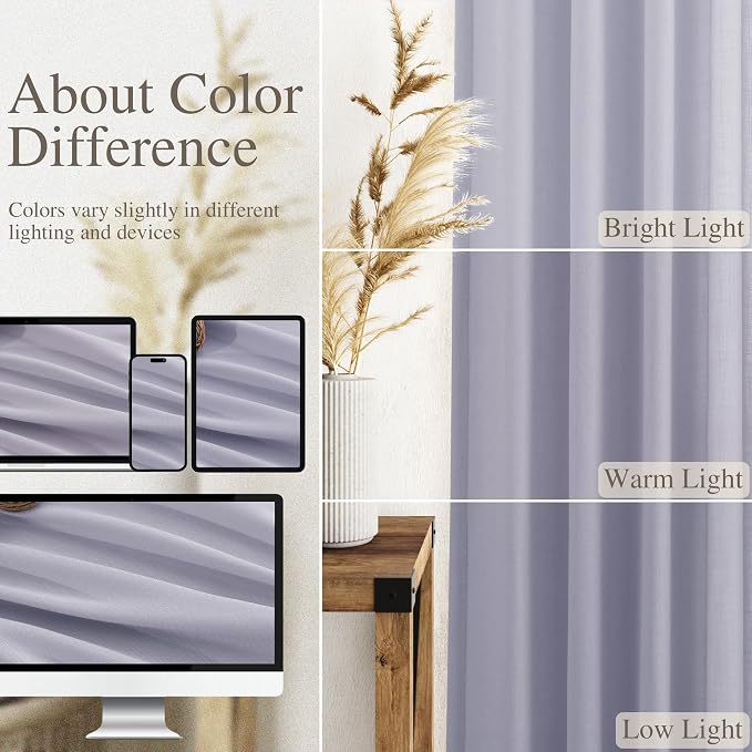 Lavender Purple Linen Curtains 90 Inches Long for Living Room Boho Decor Light Filtering Semi Sheer Curtain Back Tab and Rod Pocket Modern Luxury Drapes for Bedroom Office 52x90, 2 Panels