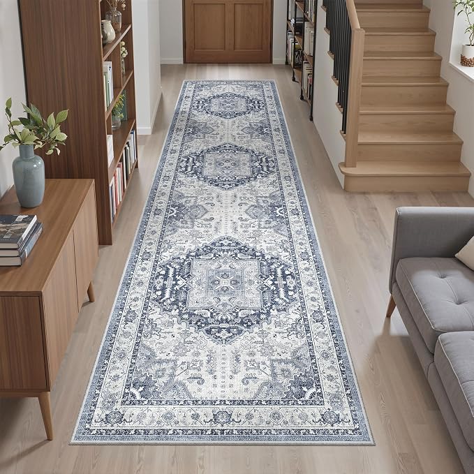 Madane Hallway Runner Rug 2x8 Washable Kitchen Rugs Non-Slip, Navy/White | Vintage Machine Washable Low-Pile Floor Carpet 8ft, Soft Ultra-Thin Throw Entry Foyer Mat for Entrance Laundry Living Room