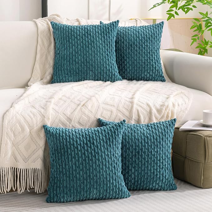 Set of 4 Teal Decorative Throw Pillow Covers 20x20 Inch Corduroy Pillow Covers for Bed Couch Sofa Living Room Soft Square Cushion Cases