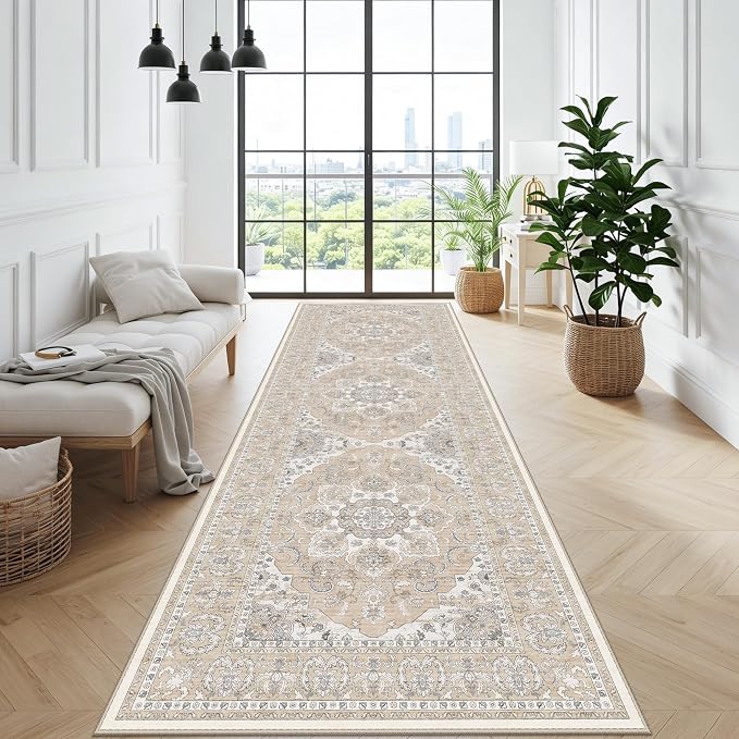 4x12ft Wide Washable Hallway Runners - Non-Slip Vintage Kitchen Rugs with Rubber Backing Stain Resistant Carpet for Dining Room Soft Thin Indoor Floor Mat for Living Room Bedroom (Beige/Cream,4x12)