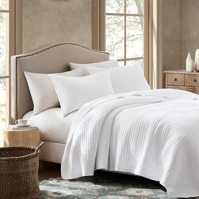 WDCOZY 100% Cotton Oversized King Size Quilt Set - White California Cal King Striped Pick Stitch Soft Lightweight Bedspread, Textured Like Linen, Farmhouse Country Rustic Coverlet, 3 Pieces