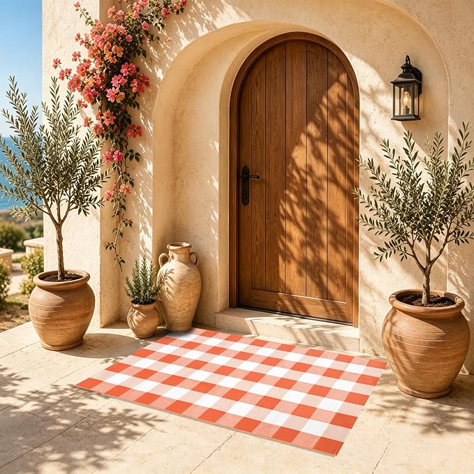 USTIDE Buffalo Plaid Outdoor Rug 3'x5' Orange White Washable Checkered Area Rug for Porch, Deck, Balcony, Camping, Farmhouse Outdoor Decor