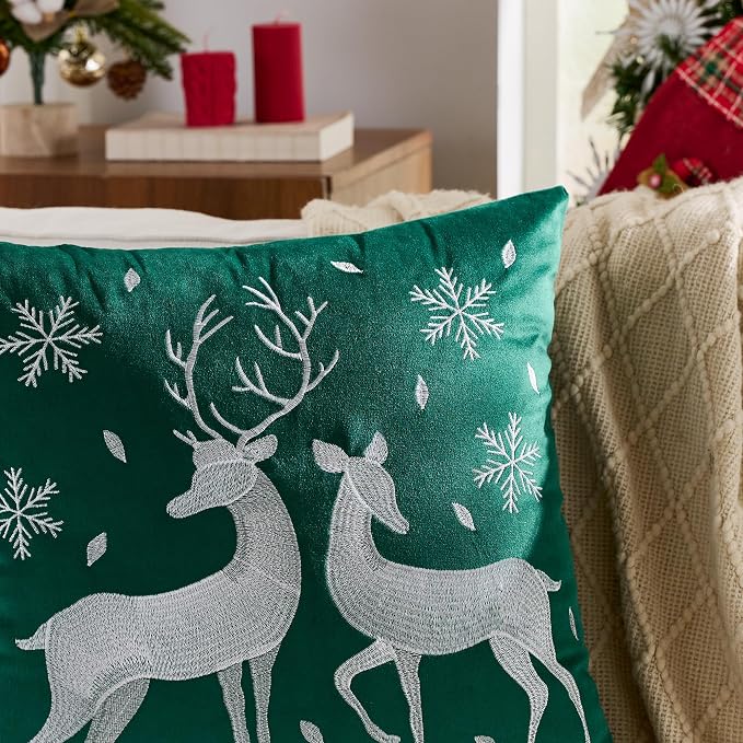 Christmas Deer Snowflake Throw Pillow Covers 18x18 Set of 2 Winter Holiday Decorative Emerald Green Embroidered Luxurious Soft Velvet Accent Pillowcase for Sofa Couch Bed Living Room Home Decor