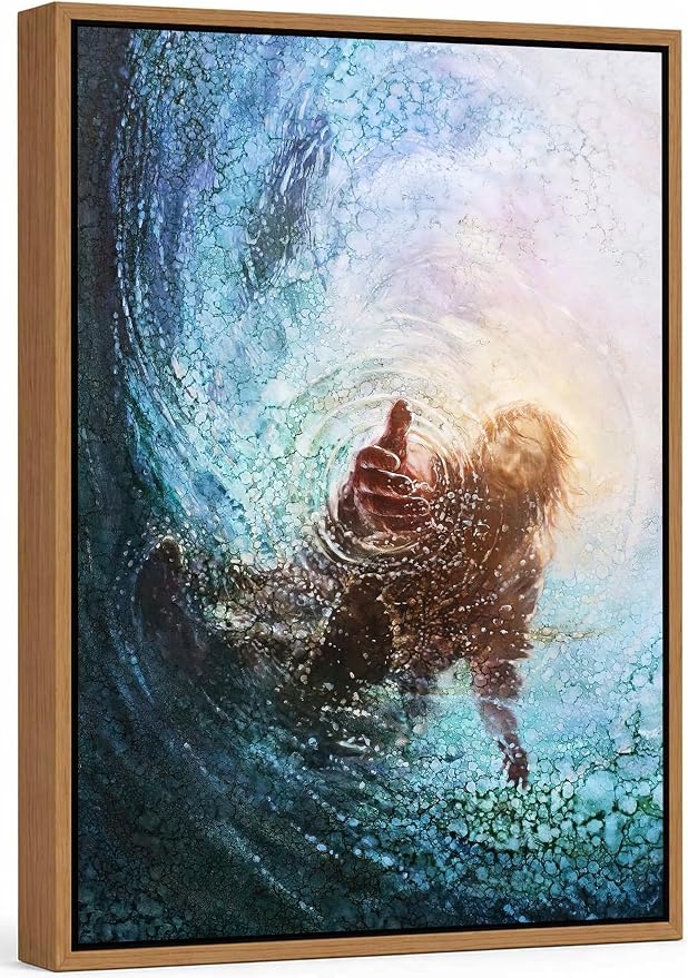 Framed Farm Jesus Christian Canvas Wall Art | Hand of God Reaching Into Water Picture Bible Christ Religion Wall Decor Poster Print for Living Room Bathroom Church Home