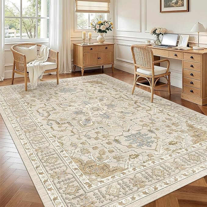 Madane 6x9 Area Rugs for Living Room, Vintage Washable Rug, Beige/Blue | Stain Resistant Floor Carpet With Non-Slip Backing For Bedroom, Dining Bedroom And Office, Soft Low-Pile Home Decor Mat