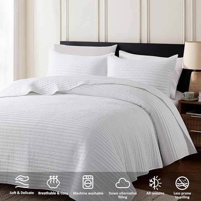 WDCOZY King Size Pick Stitch Quilt Set, 3 Pieces 104x90 inches, White | Striped Lightweight Bedspread, Channel Farmhouse Coverlet, Thin Bedding Comforter, All Season Summer Spring, 2 Pillow Shams