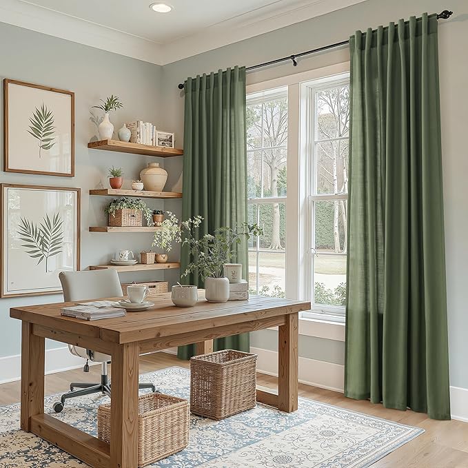 Forest Green Linen Curtains for Living Room 72 Inches Long Light Filtering Semi Sheer Curtain Back Tab and Rod Pocket Wabi Sabi Boho Decor Luxury Drapes for Bedroom Office 52x72, 2 Panels
