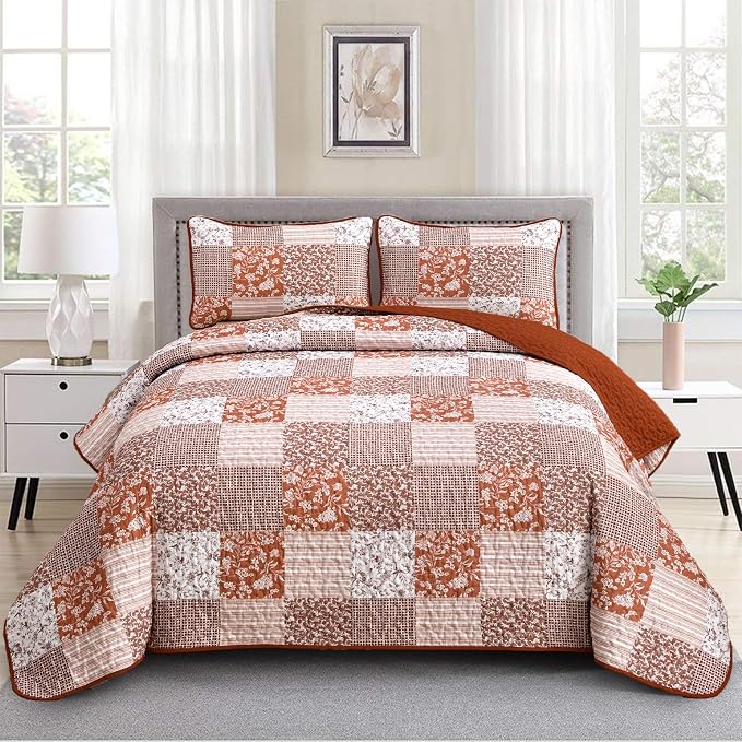 Mybedsoul Burnt Orange Boho Quilt Queen Size, Patchwork Fall Bedding Set | Soft Lightweight Microfiber Floral Coverlet Set, 3 Pieces Plaid Reversible Bedspread, Bed Sets for All Seasons 96"x90"