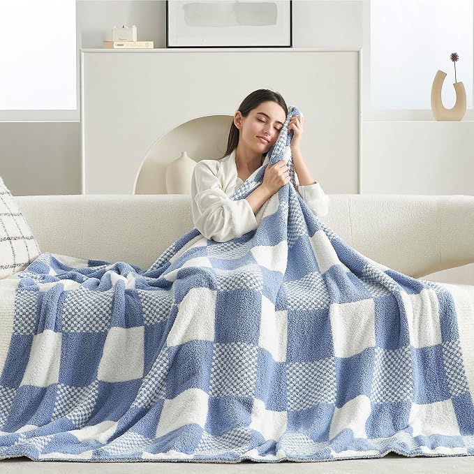 Snuggle Sac Checkered Blanket, Blue Throw Blanket for Couch Checker Microfiber Fluffy Warm Fuzzy Cozy Soft Throw Blanket Reversible Checkered Blankets for Sofa, Chair, Bed, 60x80 inches