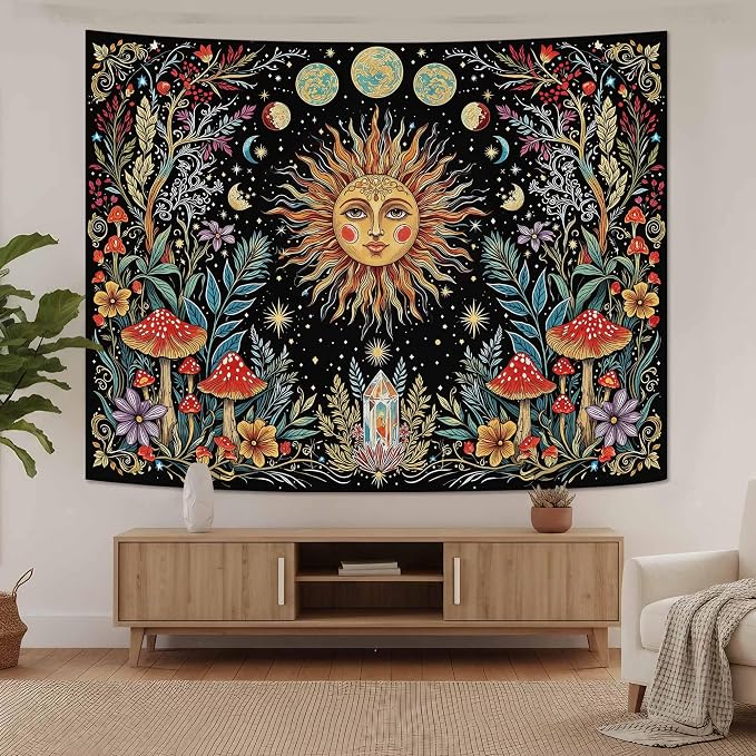 Accnicc Boho Sun and Moon Tapestry Hippie Mushroom Floral Wall Tapestry for Bedroom Aesthetic Vintage Plant Celestial Spiritual Small Tapestries Wall Hanging for Dorm Living Room Decor 60 x 44 Inch
