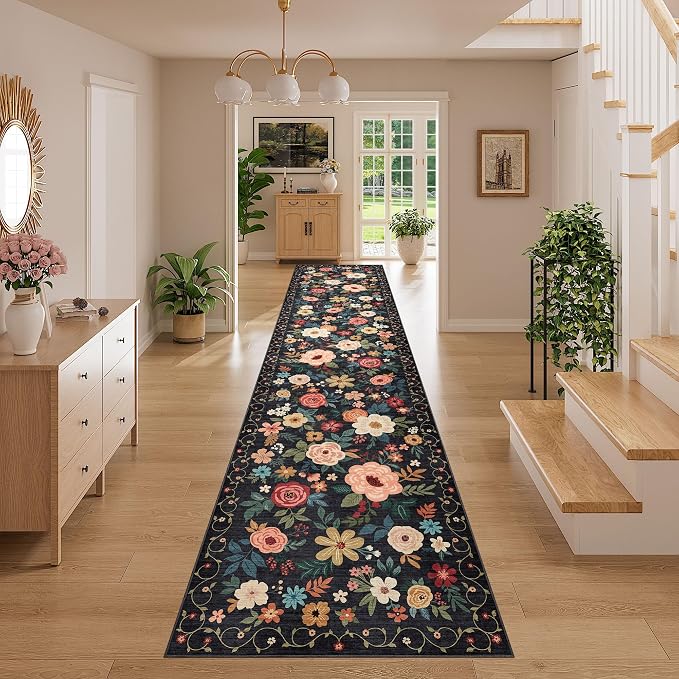 DUKINO 3x14 Washable Runner Rug, Non Slip Long Kitchen Runner Rug, Black | Soft, Low Pile, Floral Indoor Carpet Runner for Hallway, Entryway, Bedroom, Bathroom, Laundry, Pet Friendly, Home Decor
