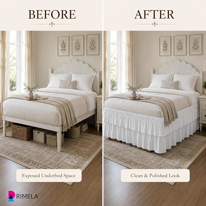 RIMELA Queen Size Ruffle Bed Skirt 16 Inch Drop - White Double Layered Wrap Around Dust Ruffle, Romantic Cute Design Bedskirt with High-Density Fabric, Soft Stretchy, Easy Install for Queen Bed