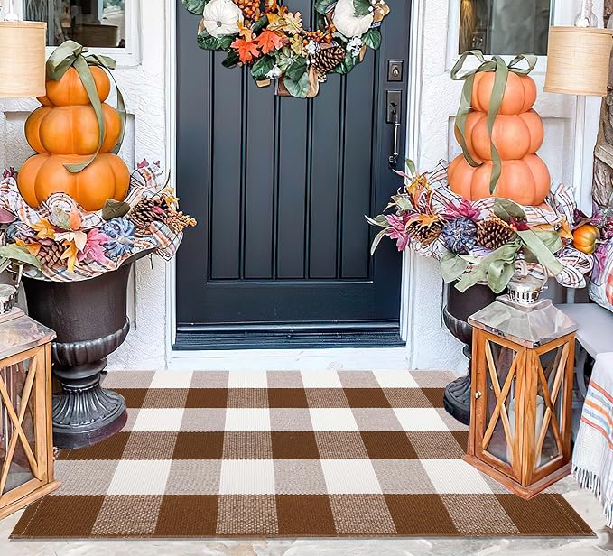 Front Door Mat Outdoor 24''x35''Buffalo Plaid Porch Mat Cotton Woven Machine Washable Carpet for Layered Doormat Hello/Welcome Door Mat,Kitchen,Farmhouse,Entryway