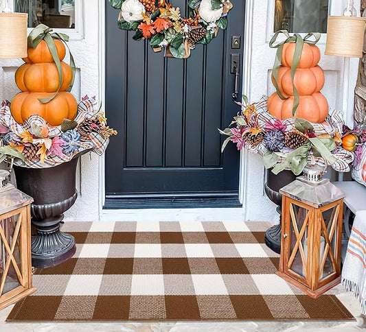 Front Door Mat Outdoor 24''x35''Buffalo Plaid Porch Mat Cotton Woven Machine Washable Carpet for Layered Doormat Hello/Welcome Door Mat,Kitchen,Farmhouse,Entryway
