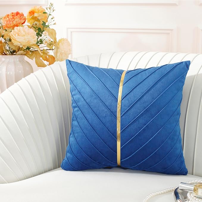 TAOSON Royal Blue Gold Leather Velvet Throw Pillow Covers,18 x 18,Set of 2 | Luxury Gold Leather Accent, Modern Spring & Summer Decor, For Couch, Sofa, Living Room & Bedroom