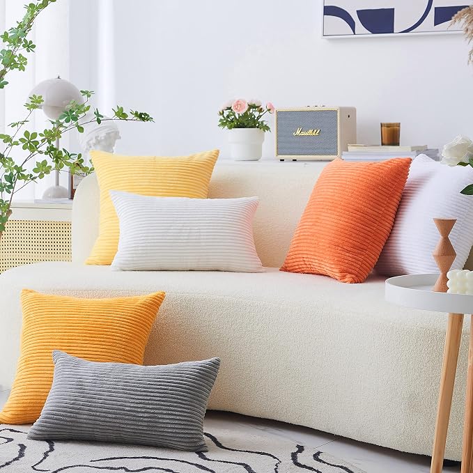 Home Brilliant White Euro Shams Set of 2 24x24 Throw Pillow Covers Summer Decoration Striped Velvet Corduroy Euro Throw Pillow Sham Couch Cushion Cover for Teen Girls, 24 x 24 inch, Creamy White