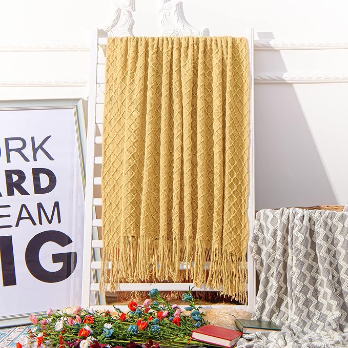 NTBAY Acrylic Knit Throw Blanket, 60 x 80, Mustard Yellow Checkered | Lightweight Acrylic Wave-Knit Throw with 7 Inch Tassels for Sofa, Bed, Reading, Travel, and Decorative Layering